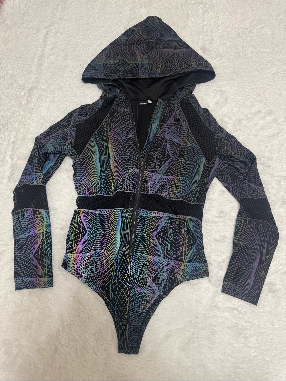 New 1x light reflective rainbow bodysuit hood festival rave cyber punk top